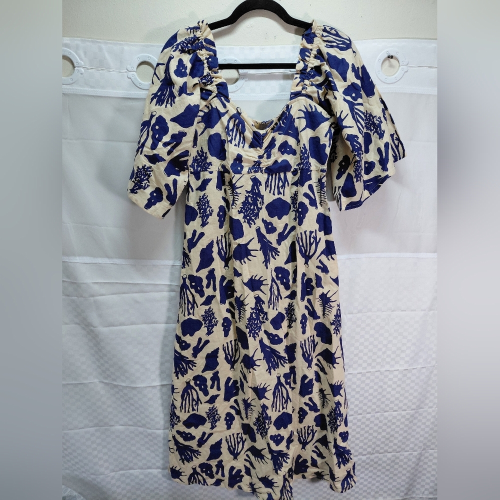 Cream Midi Dress with Blue Botanical Print and Puff Sleeves